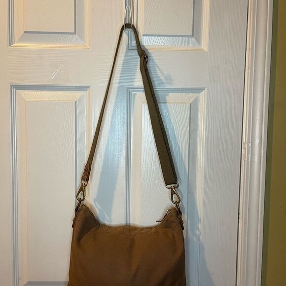 Fossil Brown canvas and yellow mustard suede medium shoulder/crossbody bag . - Picture 4 of 13